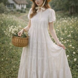 Zara white maxi dress M short sleeves eyelet lace cotton tiered cottage core